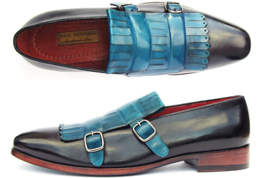 Paul Parkman Men's Kiltie Double Monkstraps in Light Blue & Navy