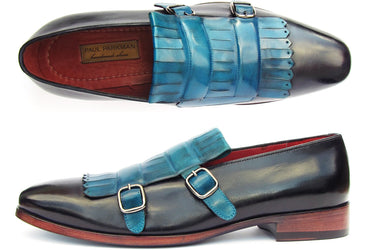 Paul Parkman Men's Kiltie Double Monkstraps in Light Blue & Navy