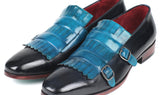 Paul Parkman Men's Kiltie Double Monkstraps in Light Blue & Navy