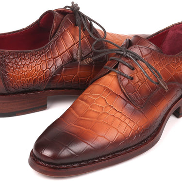 Paul Parkman Croco-Embossed Calfskin Goodyear Welted Derby Shoes in Brown in #color_