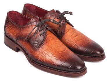 Paul Parkman Croco-Embossed Calfskin Goodyear Welted Derby Shoes in Brown
