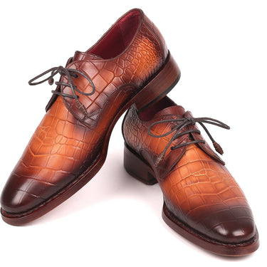 Paul Parkman Croco-Embossed Calfskin Goodyear Welted Derby Shoes in Brown in #color_