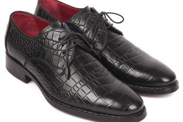 Paul Parkman Croco-Embossed Calfskin Goodyear Welted Derby Shoes in Black