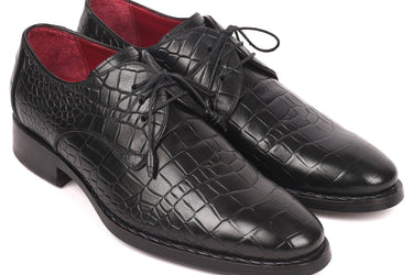 Paul Parkman Croco-Embossed Calfskin Goodyear Welted Derby Shoes in Black