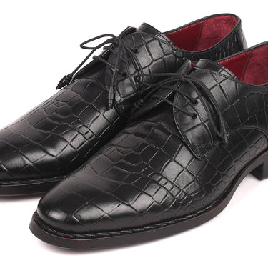 Paul Parkman Croco-Embossed Calfskin Goodyear Welted Derby Shoes in Black in #color_