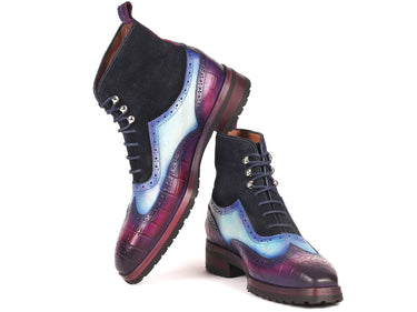 Paul Parkman Men's Wingtip Rubber Sole Boots in Purple, Light Blue & Navy