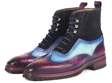 Paul Parkman Men's Wingtip Rubber Sole Boots in Purple, Light Blue & Navy