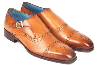 Paul Parkman Men's Cap Toe Monkstrap Shoes in Cognac