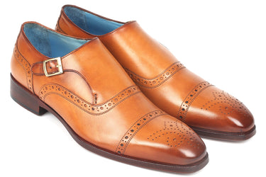 Paul Parkman Men's Cap Toe Monkstrap Shoes in Cognac