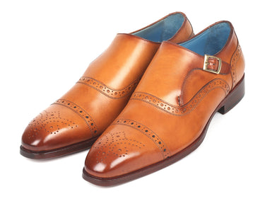 Paul Parkman Men's Cap Toe Monkstrap Shoes in Cognac