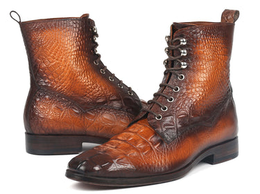 Paul Parkman Men's Croco-Embossed Leather Lace-Up Boots in Brown