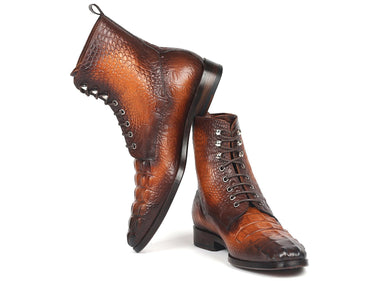 Paul Parkman Men's Croco-Embossed Leather Lace-Up Boots in Brown