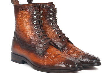 Paul Parkman Men's Croco-Embossed Leather Lace-Up Boots in Brown