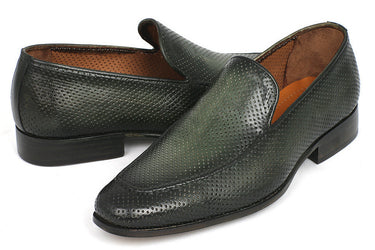 Paul Parkman Men's Perforated Leather Loafers in Green