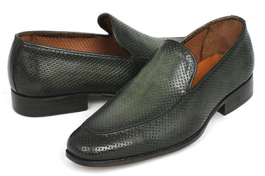 Paul Parkman Men's Perforated Leather Loafers in Green