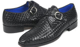 Paul Parkman Woven Leather Single Monkstraps in Black