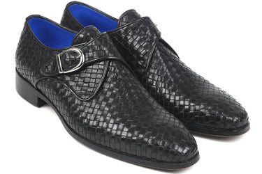 Paul Parkman Woven Leather Single Monkstraps in Black
