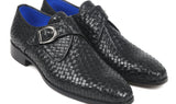 Paul Parkman Woven Leather Single Monkstraps in Black