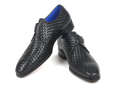Paul Parkman Woven Leather Single Monkstraps in Black