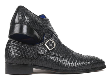 Paul Parkman Woven Leather Single Monkstraps in Black