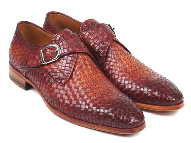Paul Parkman Woven Leather Single Monkstraps in Reddish Brown