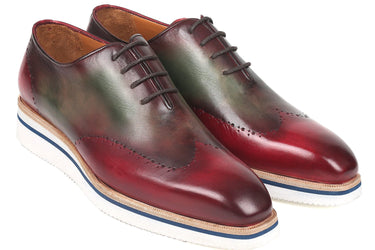 Paul Parkman Men's Smart Casual Wingtip Oxfords in Bordeaux & Green