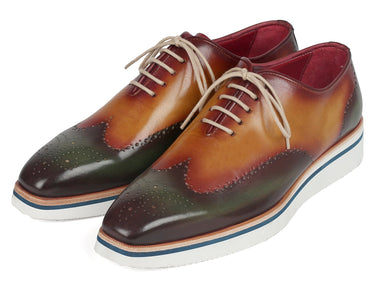 Paul Parkman Men's Smart Casual Wingtip Oxfords in Green & Camel