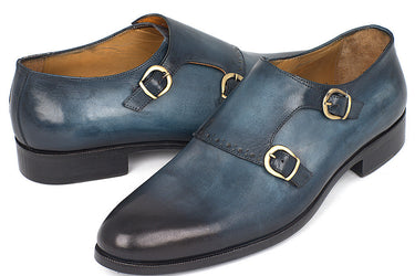 Paul Parkman Hand-Painted Leather Double Monkstrap Shoes in Navy