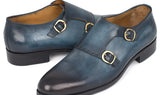 Paul Parkman Hand-Painted Leather Double Monkstrap Shoes in Navy