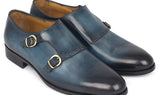 Paul Parkman Hand-Painted Leather Double Monkstrap Shoes in Navy
