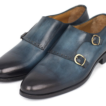Paul Parkman Hand-Painted Leather Double Monkstrap Shoes in Navy in #color_