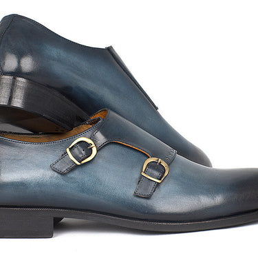 Paul Parkman Hand-Painted Leather Double Monkstrap Shoes in Navy in #color_