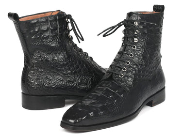 Paul Parkman Men's Croco-Embossed Leather Lace-Up Boots in Black
