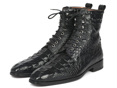 Paul Parkman Men's Croco-Embossed Leather Lace-Up Boots in Black