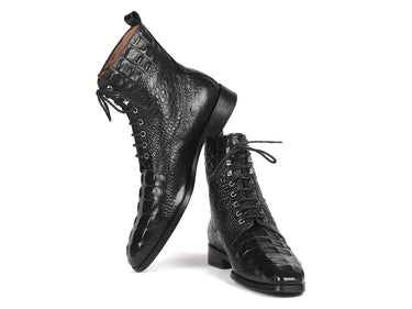 Paul Parkman Men's Croco-Embossed Leather Lace-Up Boots in Black