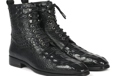 Paul Parkman Men's Croco-Embossed Leather Lace-Up Boots in Black