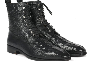 Paul Parkman Men's Croco-Embossed Leather Lace-Up Boots in Black