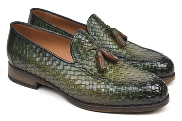 Paul Parkman Men's Woven Leather Tassel Loafers in Green