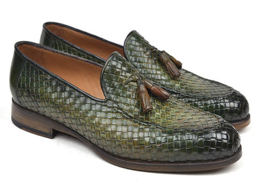Paul Parkman Men's Woven Leather Tassel Loafers in Green