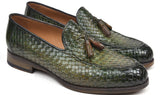 Paul Parkman Men's Woven Leather Tassel Loafers in Green