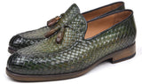 Paul Parkman Men's Woven Leather Tassel Loafers in Green
