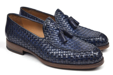 Paul Parkman Men's Woven Leather Tassel Loafers in Navy
