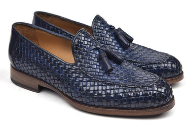 Paul Parkman Men's Woven Leather Tassel Loafers in Navy