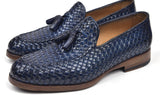 Paul Parkman Men's Woven Leather Tassel Loafers in Navy