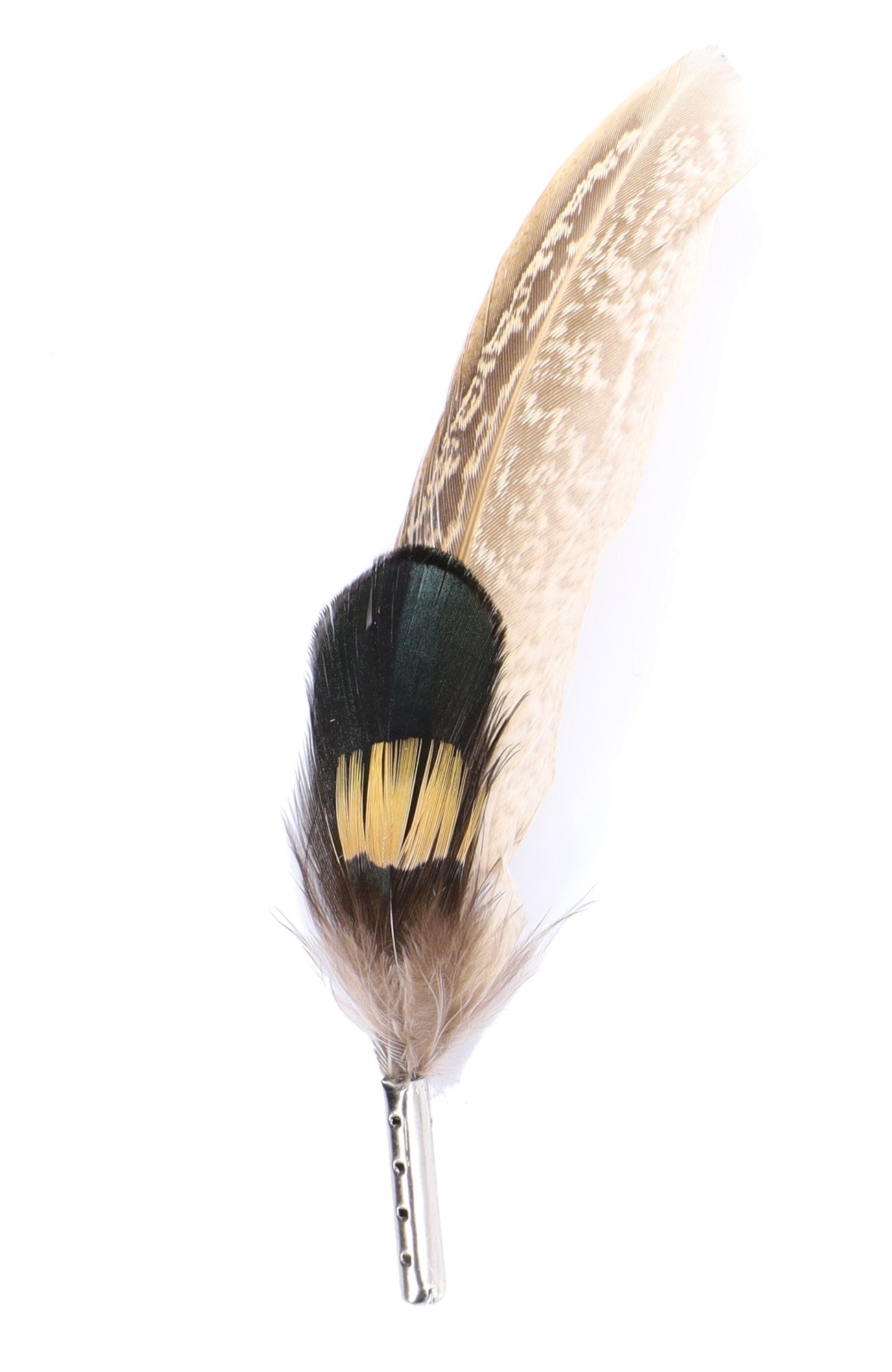 DapperFam Natural / Green / Yellow 4 in Iridescent Poultry Hat Feather in Silver Tip