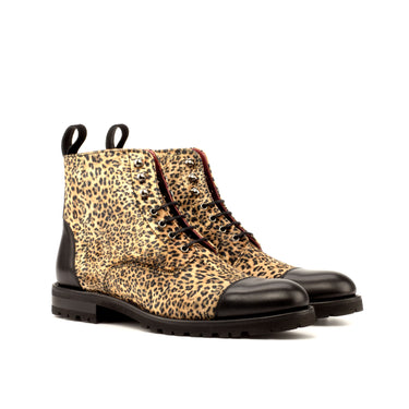 DapperFam Isolde in Leopard / Black Women's Sartorial & Italian Suede & Leather Lace Up Captoe Boot in Leopard / Black B - Standard width fit
