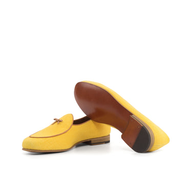 DapperFam Marcello in Mustard / Cognac Men's Linen & Italian Leather Belgian Slipper in #color_
