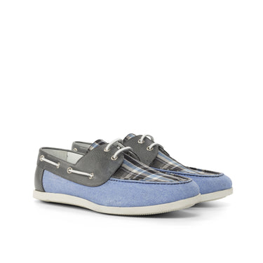 DapperFam Nauticus in Blue / Plaid / Grey Men's Linen & Sartorial & Italian Full Grain Leather Boat Shoe Blue / Plaid / Grey