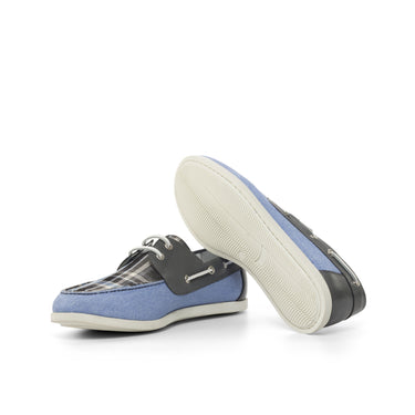 DapperFam Nauticus in Blue / Plaid / Grey Men's Linen & Sartorial & Italian Full Grain Leather Boat Shoe in #color_