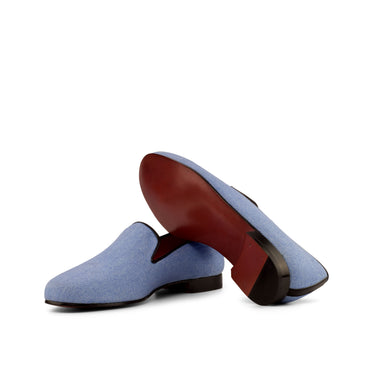 DapperFam Enzo in Blue / Black Men's Linen & Italian Leather Slipper in #color_